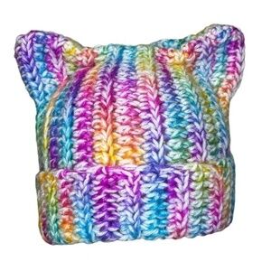 Handcrafted Crochet Winter Hat Rainbow Ice Yarn White Big Twist Cat Ear Ribbed